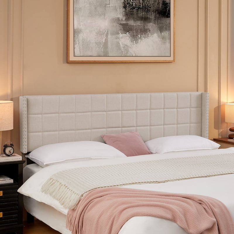 Javlergo Queen/King Size Adjustable Upholstered Headboard, Modern Wingback Headboard with Double Nailhead Trimming - Beige - King