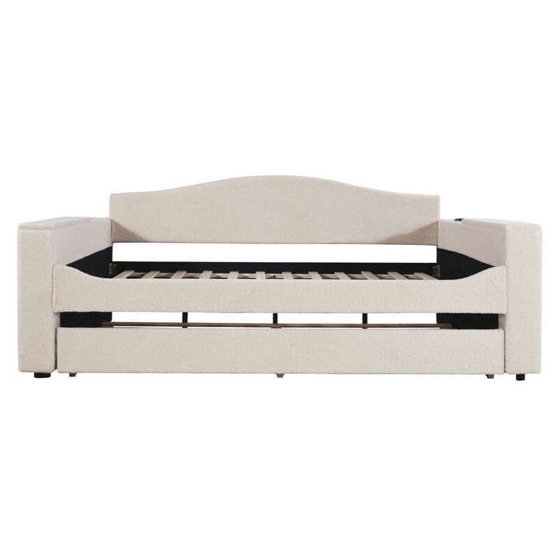 Sofa bed with storage arms, trundle bed and Bluetooth stereo