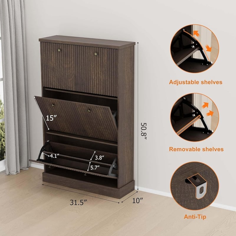 Freestanding Fluted Shoe Cabinet Organizer for Entryway, Hallway, Living Room with 3 Flip Drawers