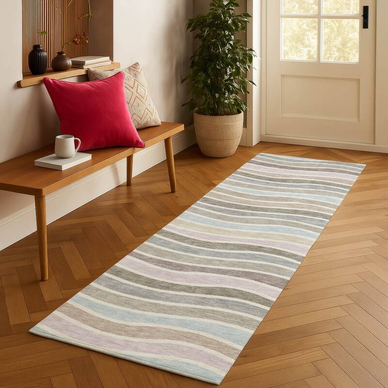 Machine Washable Indoor/ Outdoor Contemporary Stripe Chantille Rug