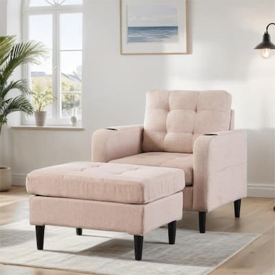 Armchair and Storage Ottoman Set with Cup Holders and Tufted Detailing