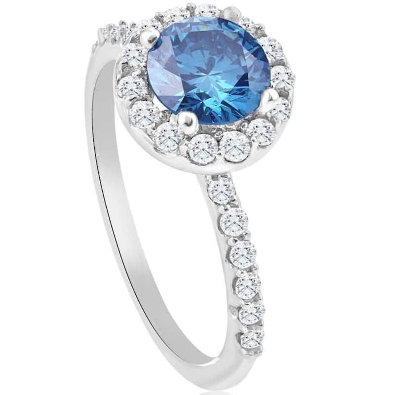 2Ct TW Blue & White Diamond Halo Engagement Ring in White Gold
