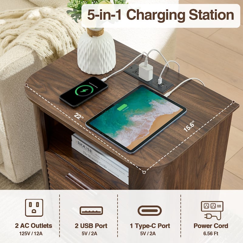 22" Fluted Night Stand with Charging Station, End Table with 2 Drawers & Open Storage, Side Tables Curved Profile Design