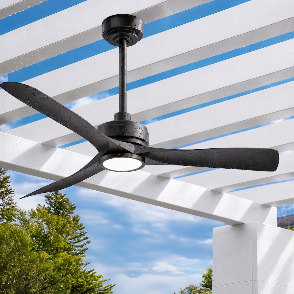 52" Outdoor Ceiling Fan with LED Light and Remote, Reversible DC Motor, 6 Speeds, Black Modern Ceiling Fan for Patio Bedroom