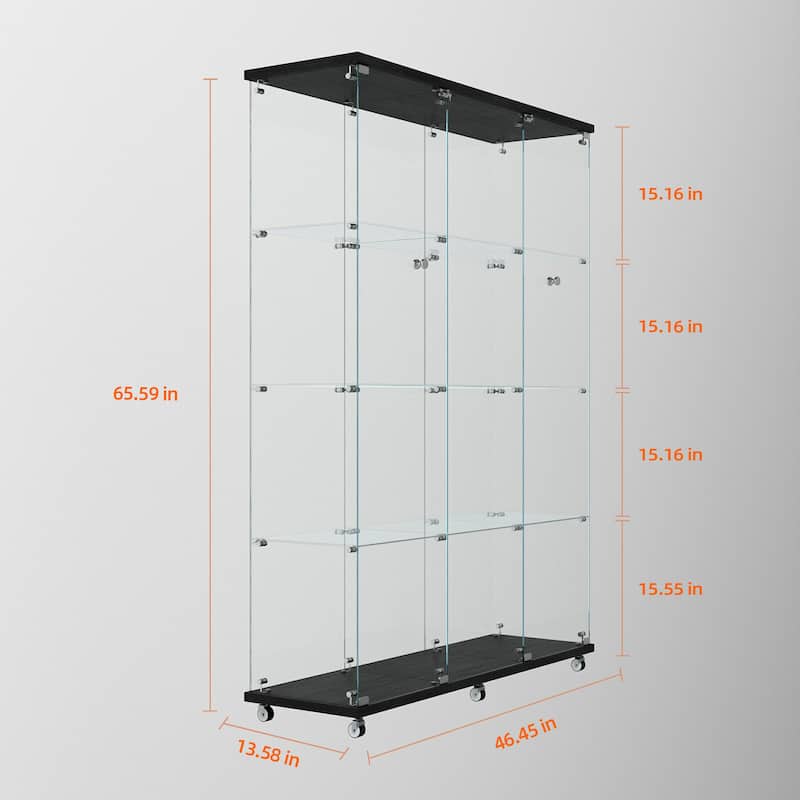 65" Tempered Glass Display Cabinet with Bluetooth LED Lights, Lockable Doors, Casters, 5-Shelf Storage Showcase