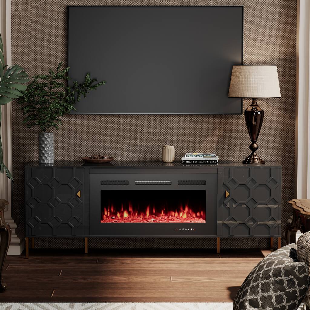 Clihome High Gloss Storage 70'' TV Stand with 36'' Electric Fireplace