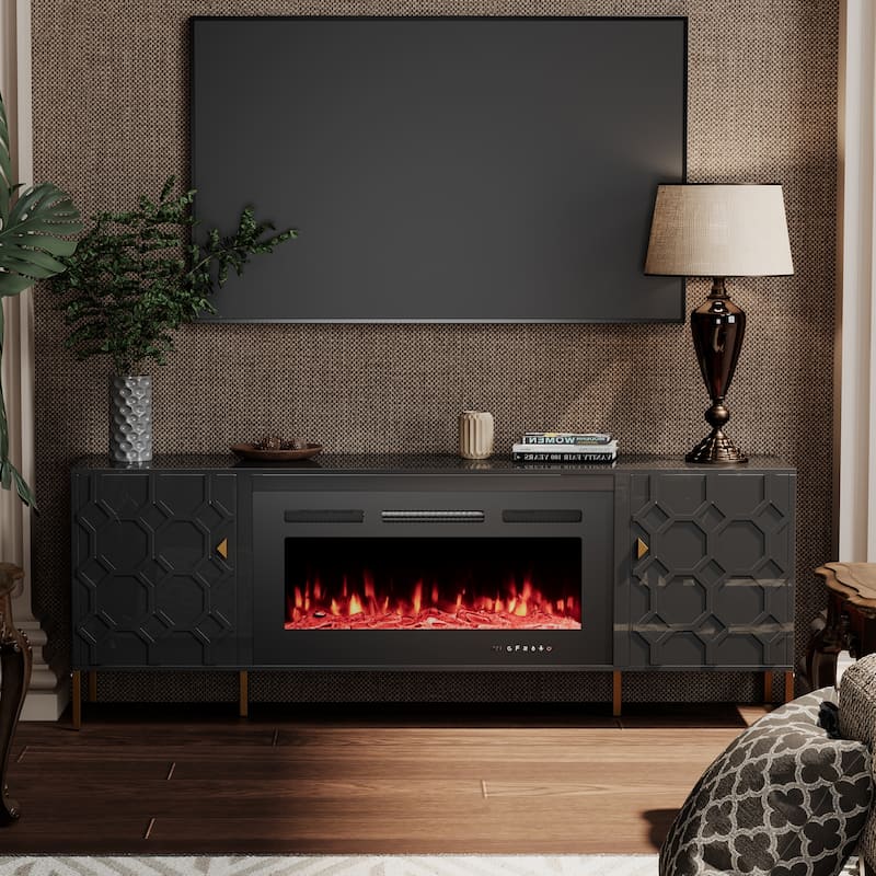 Clihome High Gloss Storage 70'' TV Stand with 36'' Electric Fireplace - Black