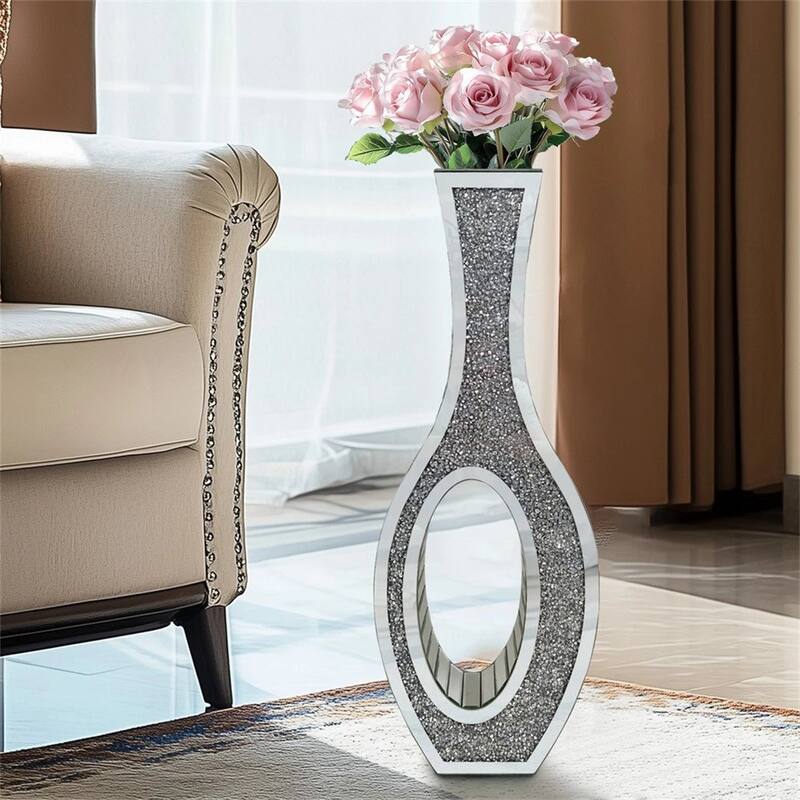 Tall Mirror Floor Vase with Silver Crystal Diamond Accents for Faux Flowers