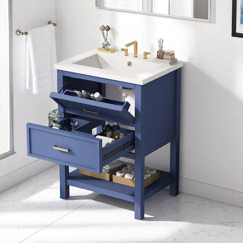 Modern 24 Inch Bathroom Vanity with Sink Combo, White and Gold Finish, 2 Drawers, Freestanding Cabinet