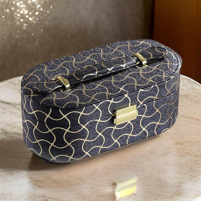 Travel Jewelry Case with 2 Semicircle Slots and Wavy Pattern, Black - Black