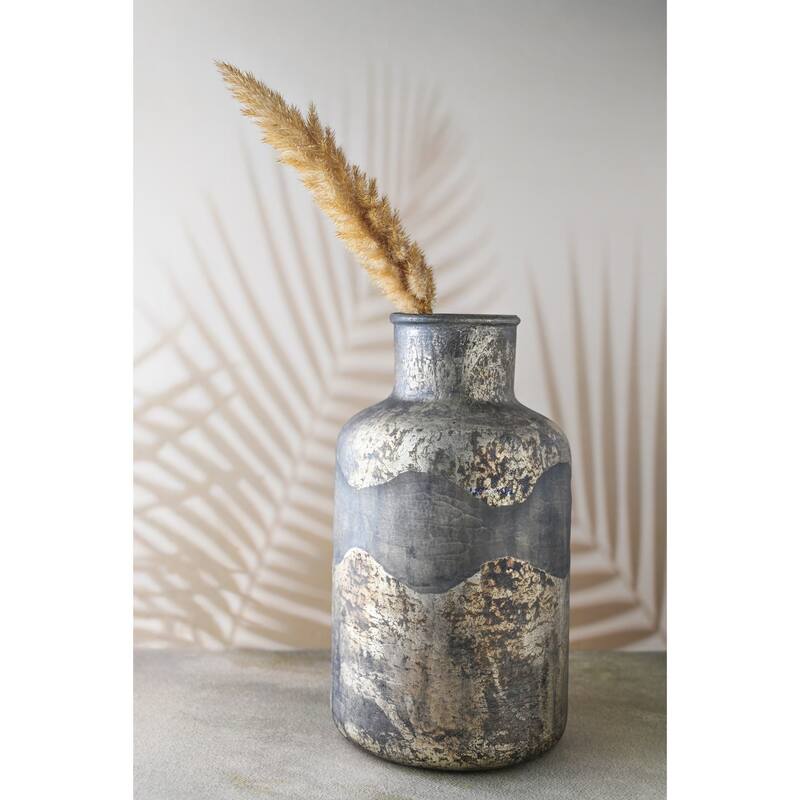 Cylindrical Narrow Neck Glass Bottle Vase - 12.5" - Gray and Black