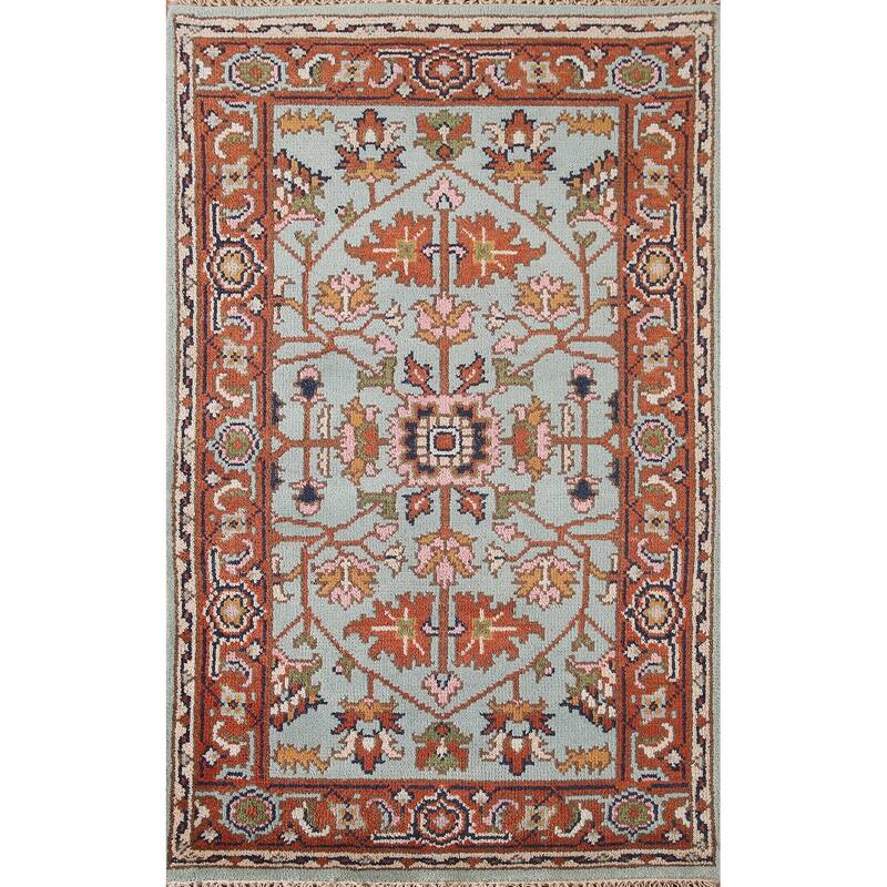 Light Blue Floral Oushak Oriental Accent Rug Handmade Wool Carpet - 3'0"x 4'11"