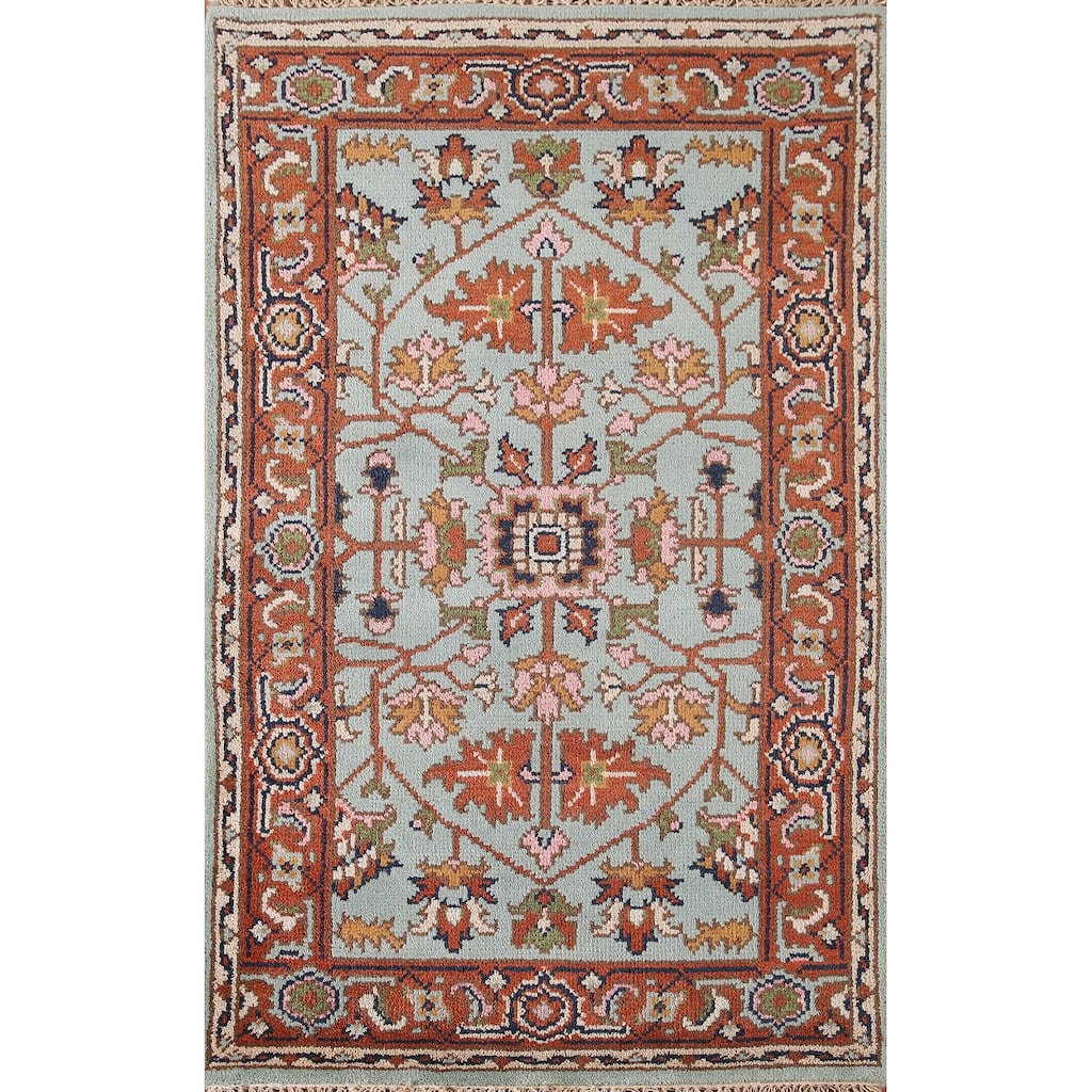 Light Blue Floral Oushak Oriental Accent Rug Handmade Wool Carpet - 3'0"x 4'11"