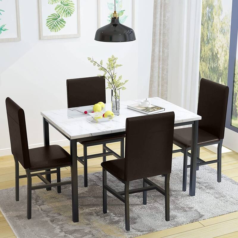 Modern Kitchen Dining Table Set for 4, Faux Marble Dining Set with 4 PU Leather Upholstered Chairs for Living Room, Kitchen - White