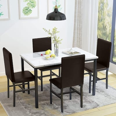 Modern Kitchen Dining Table Set for 4, Faux Marble Dining Set with 4 PU Leather Upholstered Chairs for Living Room, Kitchen