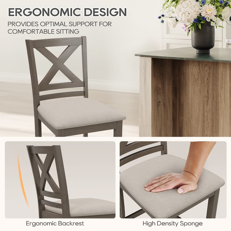 Set of 2 Counter Bar Stools - Upholstered w/Comfort Cross Back & Solid Wood Legs for Kitchen Island