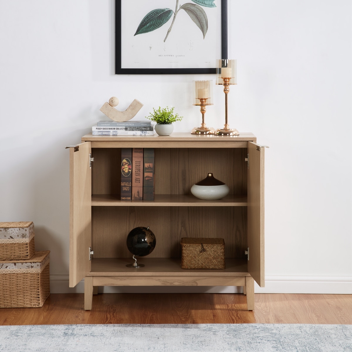 Bedroom Fluted Wood Nightstand, Accent Cabinet with Brass Handles, Storage Cabinet Buffet with Shelf