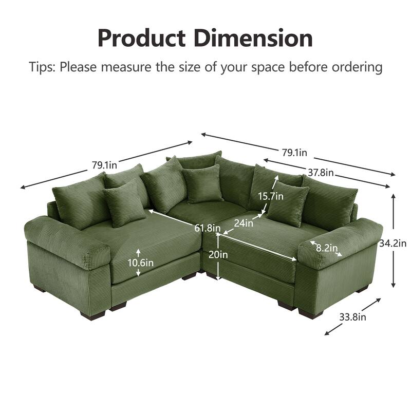 GDFStudio - Corduroy L-Shaped 3-Seater 79.1" Cloud Modular Sectional Couch