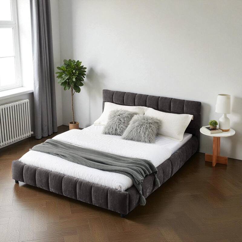 Queen Upholstered Platform Bed with Chenille Fabric, Soft Headboard & Underbed Storage Drawer, Solid Bed Frame