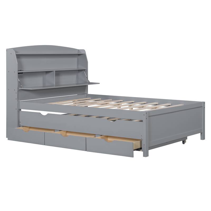 Full Size Wooden LED Platform Bed with Trundle, Storage Headboard, and Drawers in Gray