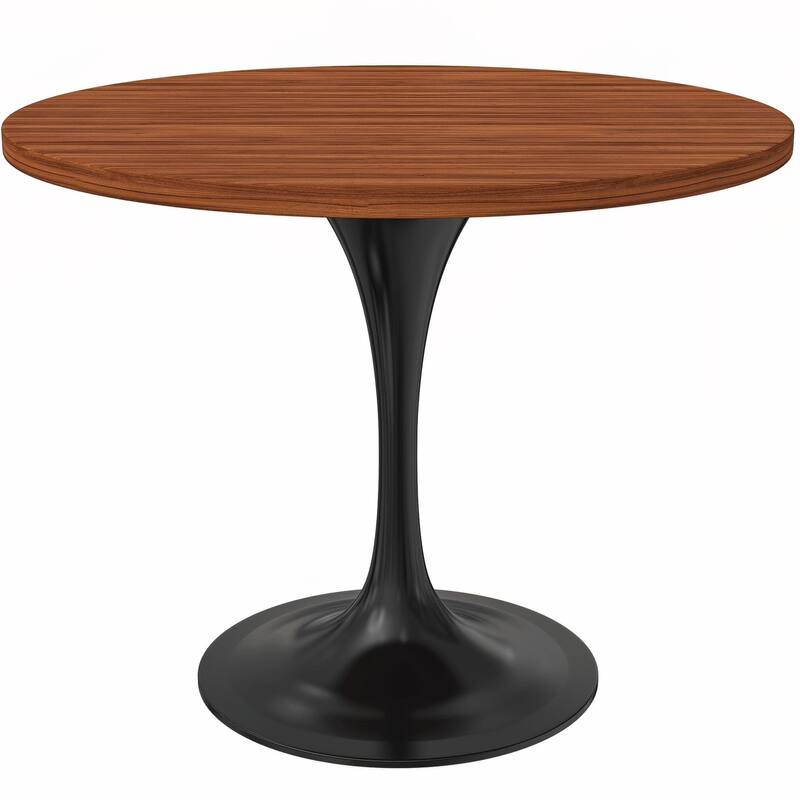 LeisureMod Verve 36" Round Dining Table with MDF Wood TableTop and Black Steel Base for Kitchen & Dining Room - Cognac Brown