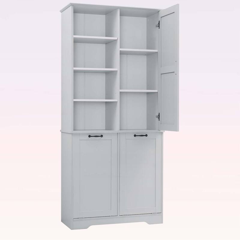 Bathroom Storage Cabinet with Doors, Drawers, Tilt-Out Laundry Hamper, and Adjustable Shelves, Oak Finish
