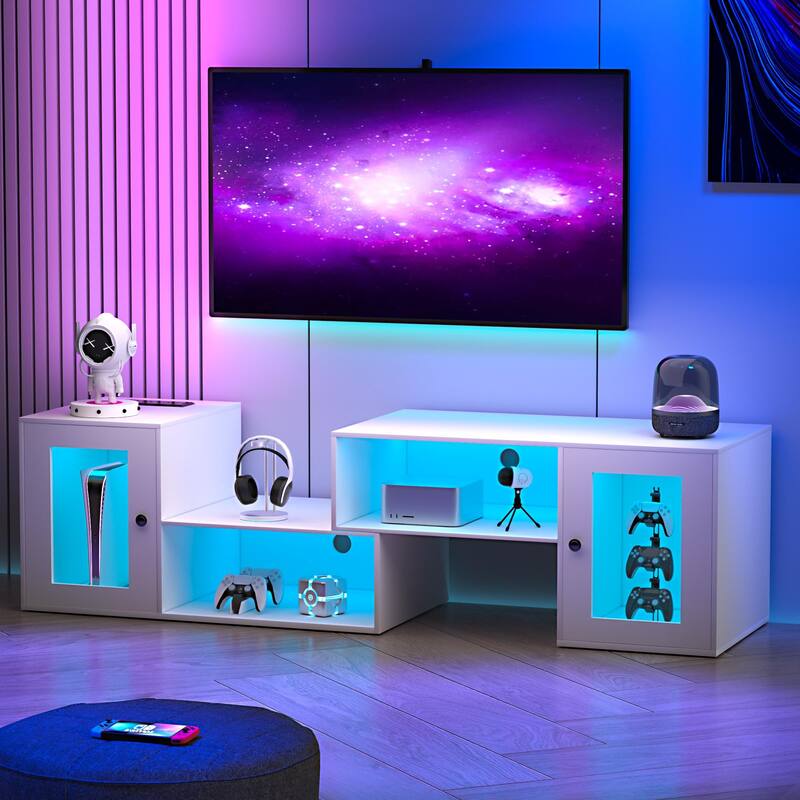 VECELO TV Stand with LED Lights & Power Outlets, Storage Shelves - 55 inches - White