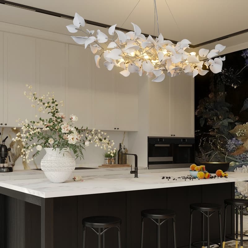 KAYLA 31.5" 6-Light Luxury Gold Round Chandelier, Modern Ceramic Leaf Branch