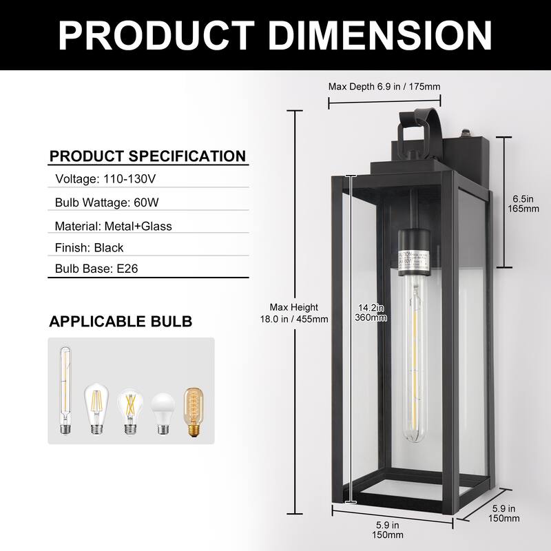 Stylish Black Wall Mounted Light with Glass Cover, E26 LED One-Light Fixture (T30-225 *4) 18-Inch Automatic Light Sensing