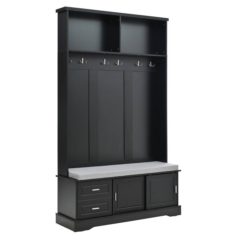 Elegant Hall Tree with Sliding Doors, Coat Rack with 6 Silvery Hooks & Handles, Mudroom Bench Cabinet with Shoe Storage