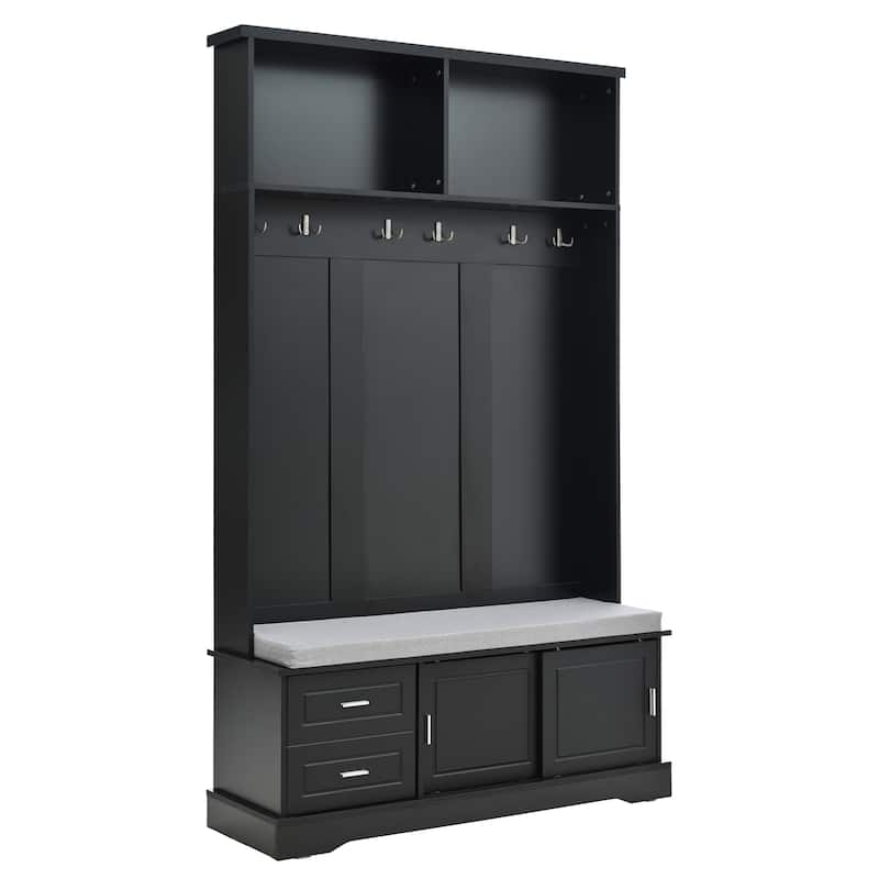 Entryway 3-in-1 Hall Tree with Storage Bench & Sliding Doors, Shoe Cabinet Coat Rack with Cushioned Seat & Anti-Tip