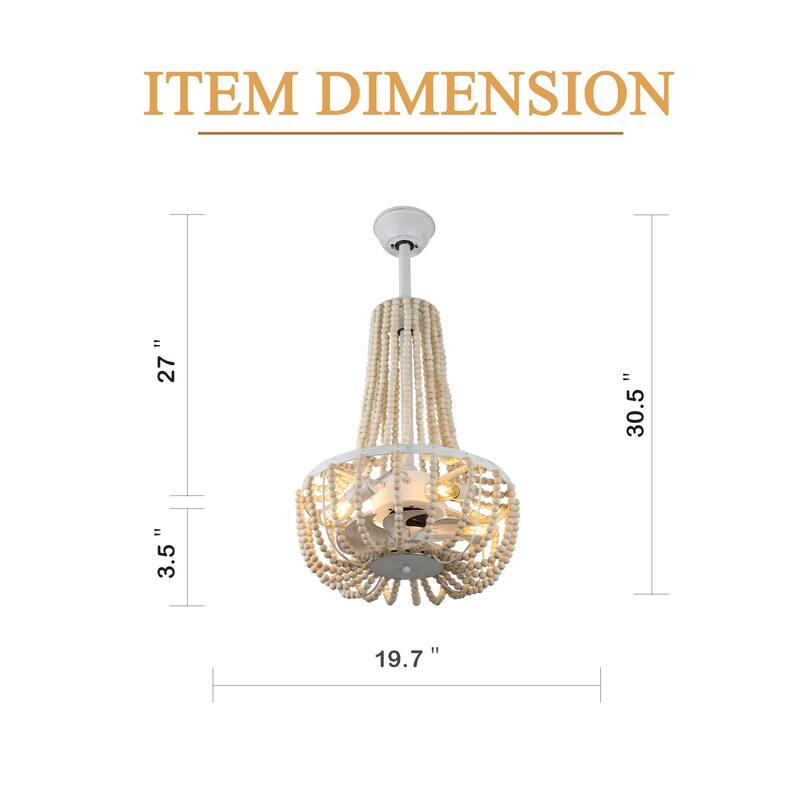 Cusp Barn 20in. Boho Ceiling Fan With Light, Modern Farmhouse Wood Beads Shade 3-Speed Ceiling Fan Light With Remote Control