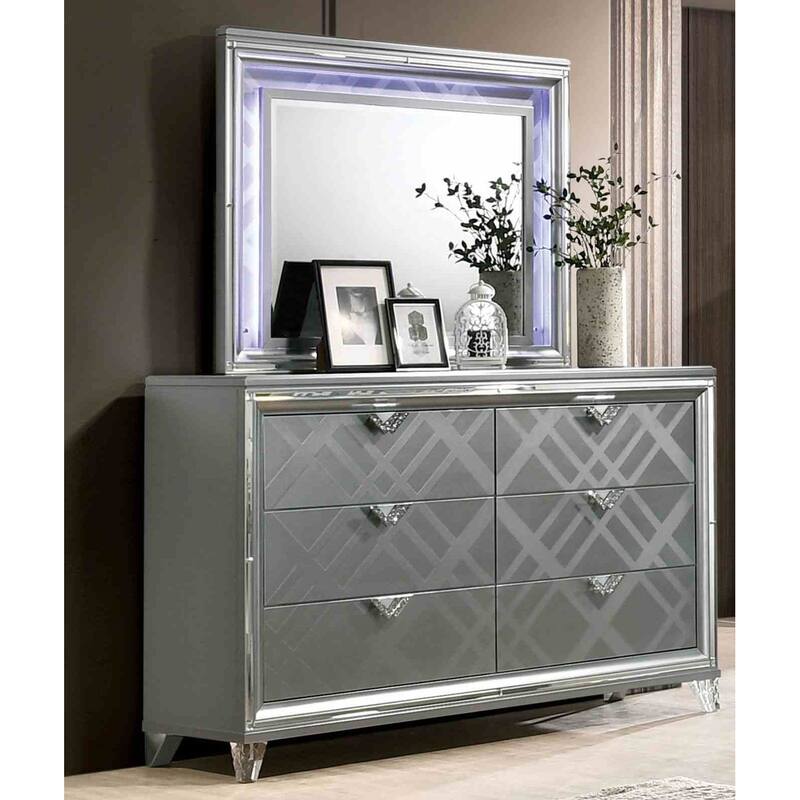 Contemporary Silver Finish 4-Piece Bedroom Set LED Padded Bed Nightstand Dresser Mirror