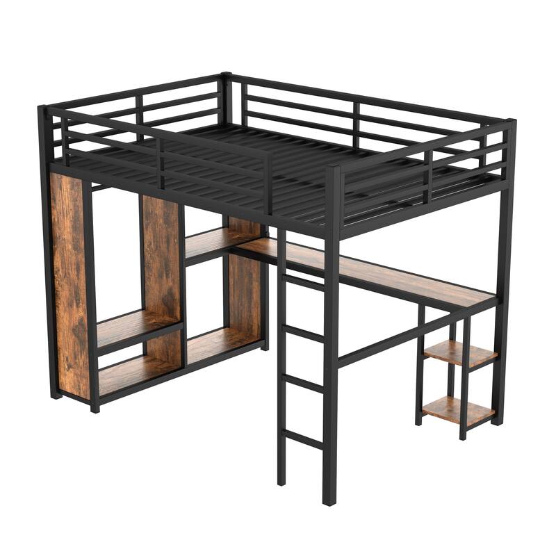 Queen Size Metal Loft Bed Frame with Built-in Wardrobe - Includes Study Desk and Storage Shelves