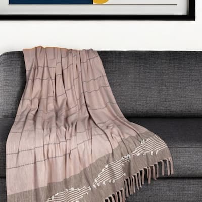 HomeRoots 50" X 60" Brown and Tan Woven Cotton Striped Throw Blanket with Fringe and Embroidery