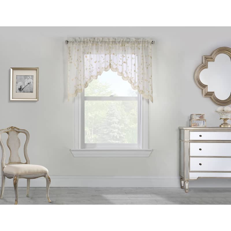 Grandeur Embroidered Sheer Curtain Valance and Tiers with Scallop Detail - 80" x 36" - Cream