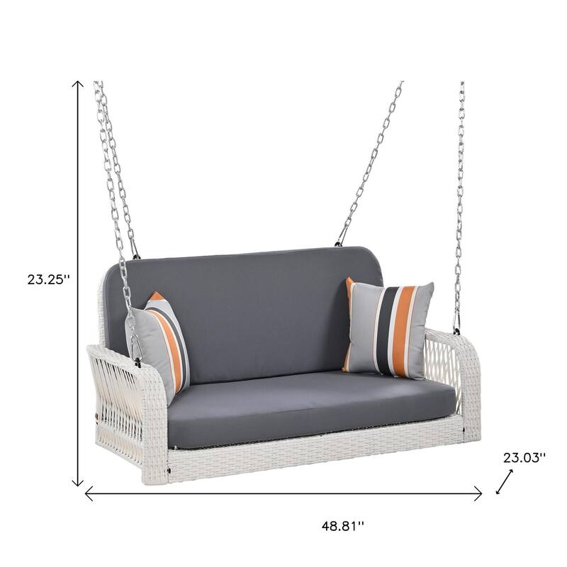 49" White Woven Rattan Outdoor Hanging Swing Chair with Gray Cushions