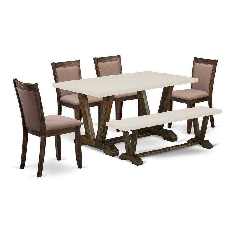 HomeStock 6-Piece Rectangle Distressed Jacobean Finish Solid Wood Top Dining Table with 1-Bench, 4-Chairs