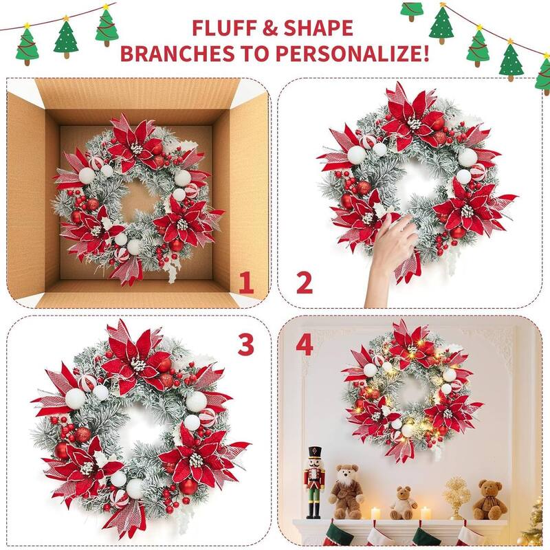24 Inch PVC Christmas Wreath, Pinewood Red and White Garland for Front Door, Fireplace - N/A