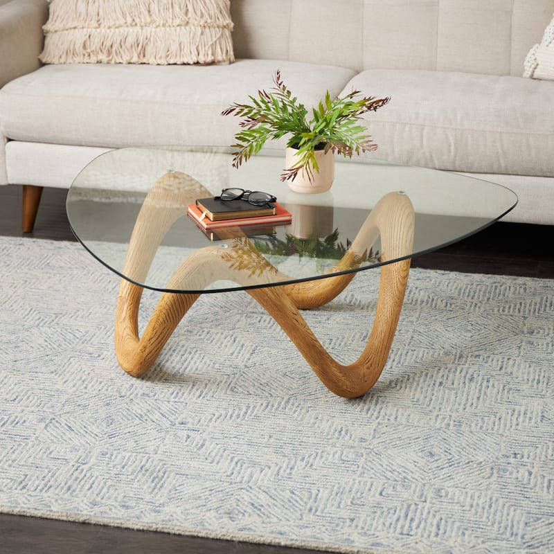 Polystone Abstract Wood Grain Inspired Wavy Accent Table with Glass Tabletop - Light Brown or Beige - Roche River Decor
