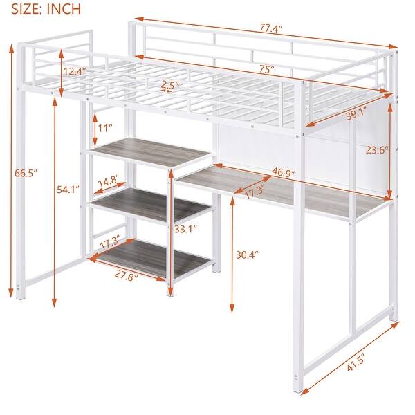 Stylish White Loft Bed with Side Ladder, Guardrail, Twin Size Loft Metal Bed with 3 Big Shelves, Whiteboard and Desk Underneath