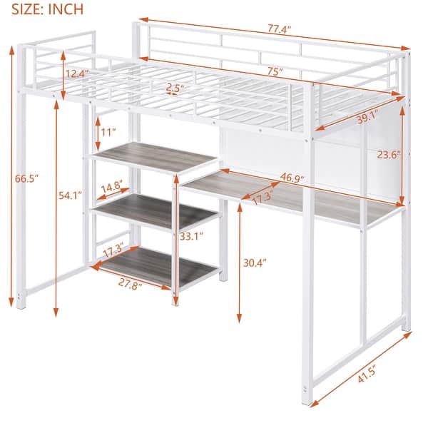 dimension image slide 1 of 2, Twin Metal Loft Bed with Desk & Whiteboard, 3 Shelves & Ladder