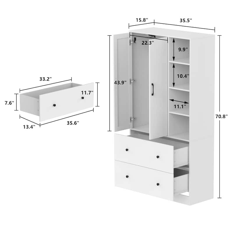 Wardrobe Closet Armoire wi/Mirror & Scalable Hanging Rod Space Saving
