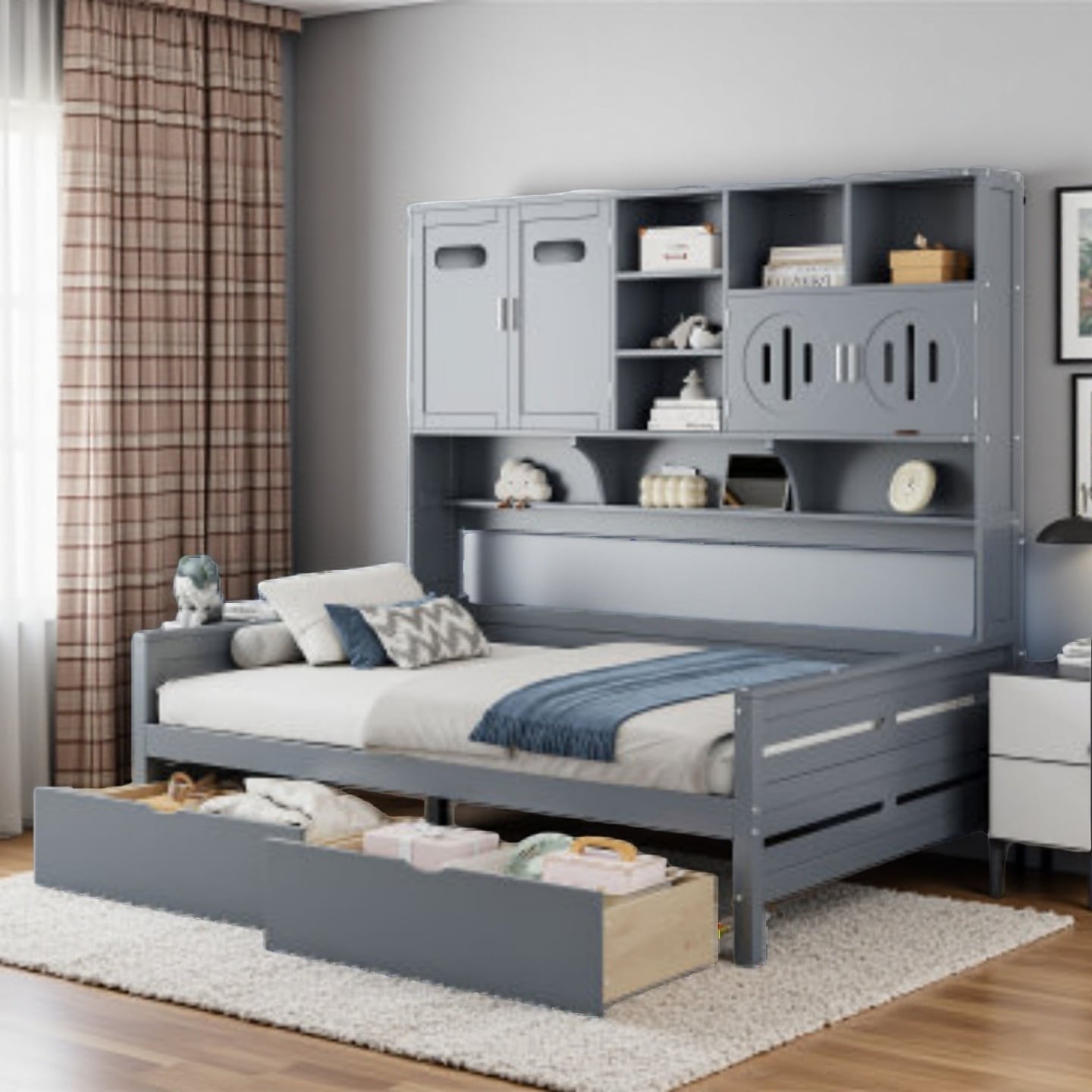 Full Size Storage Daybed with Dual Drawers, Built-in Cabinet & Shelving Unit, Solid Wood Frame