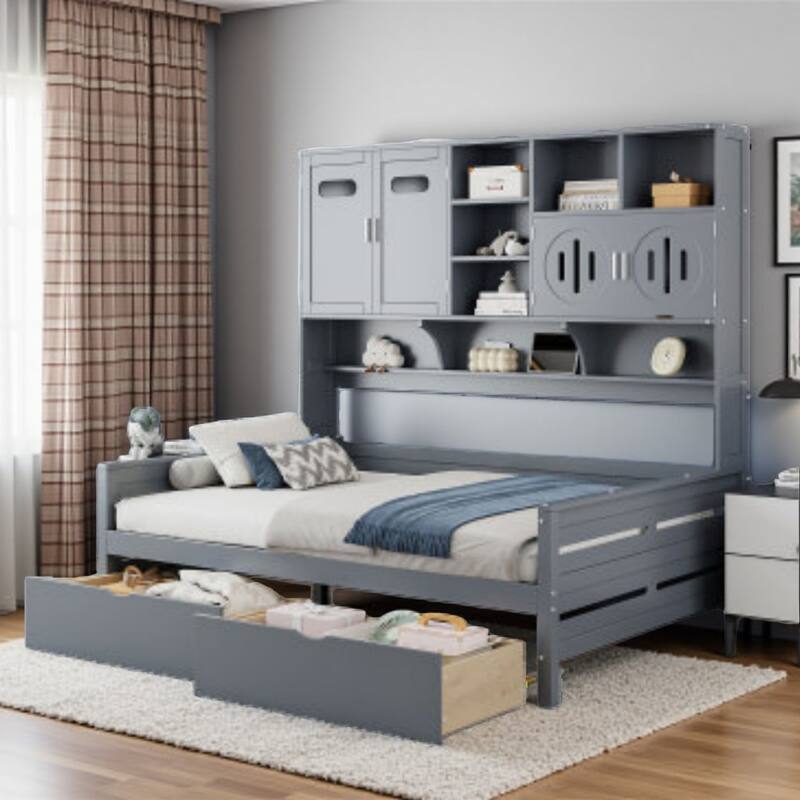 Full Size Storage Daybed with Dual Drawers, Built-in Cabinet & Shelving Unit, Solid Wood Frame - Full Gray - Full