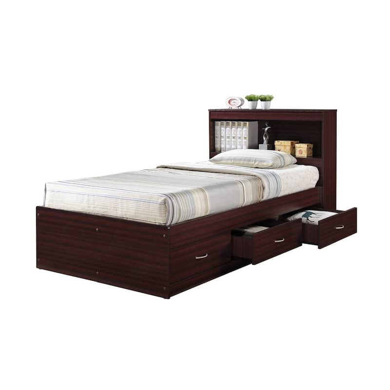 Twin Captain Storage Bed with 3 Drawers and Headboard, Mahogany Finish, Modern Space-Saving Design