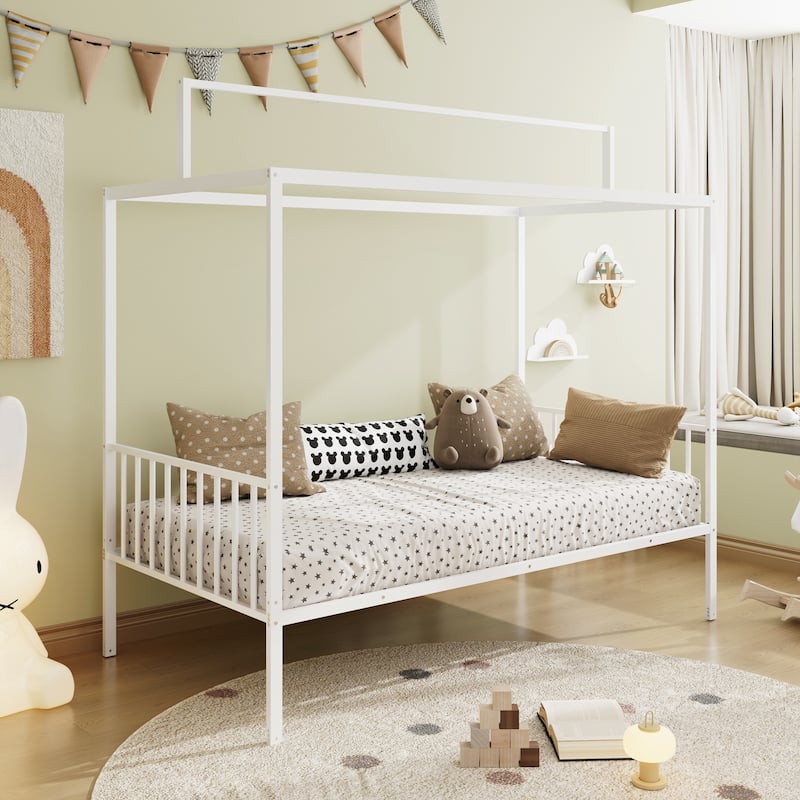3-in-1 Convertible Montessori Metal floor bed,Fenced toddler bed with Sturdy Metal Slats Support - White