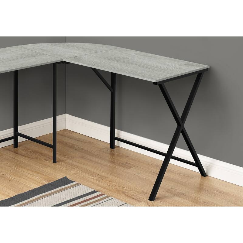 L-Shaped Computer Desk, 55" Grey Laminate, Black Metal, Corner Design, Modern Office
