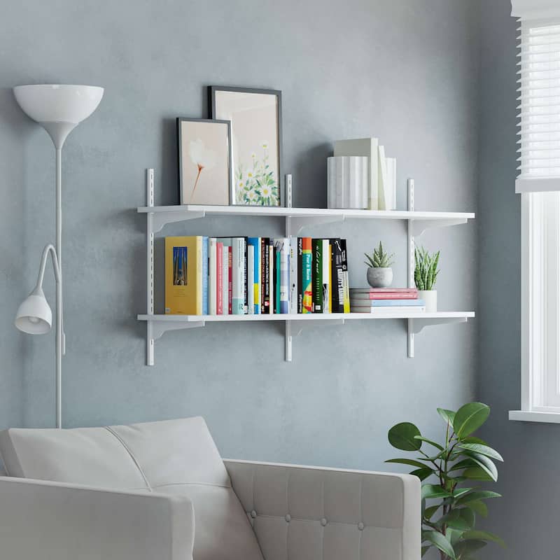 Wallniture Turin 48" Floating Bookshelves with Adjustable Brackets, Wall Shelf Unit for Living Room, Custom Tier Options, White - 2 Boards - 2 Tier