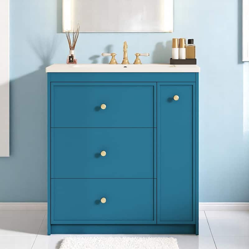 30 Inch Freestanding Bathroom Vanity with Sink, Ceramic Top & 4 MDF Drawers, Soft Blue Finish - Blue